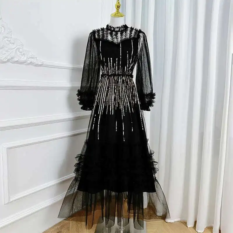 Elegante bordado lantejoulas vestidos longos feminino verão camada babados bolo manga cheia festa de noite vestidos malha tule midi robe