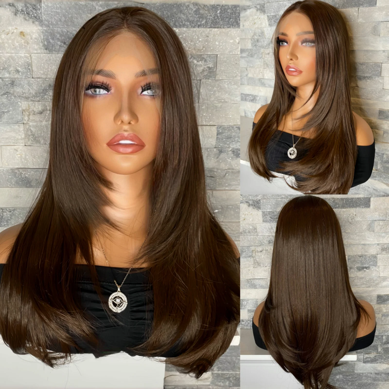 Brown Long Wavy Synthetic Lace Front Wig Layered 13X4 Natural Straight Frontal Brunette Colored Wigs for Women Medium Length