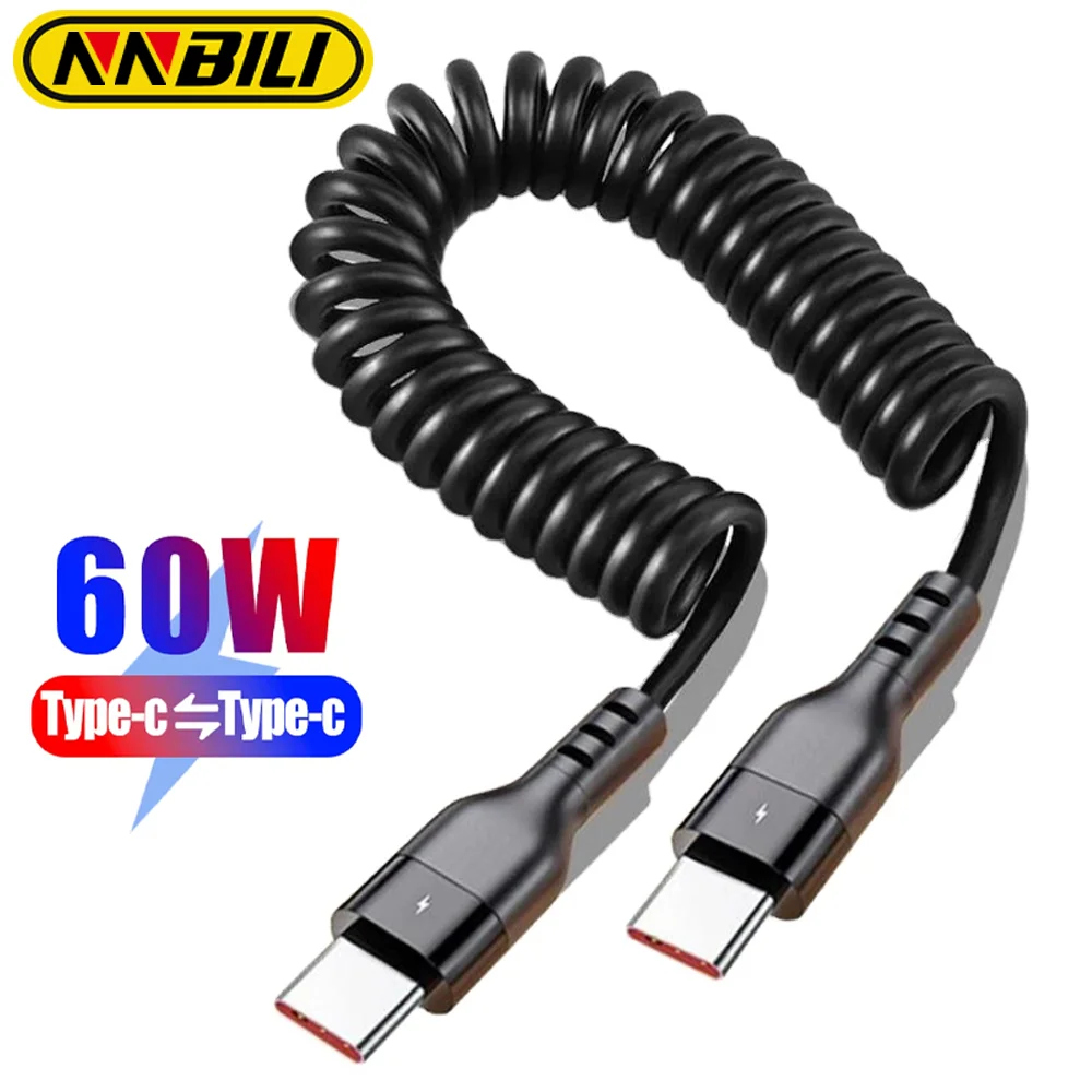 NNBILI 60W C-C Schnellladekabel, spiralförmiges, teleskopisches Autoladekabel, Hochgeschwindigkeits-Lade- und Datenkabel für iPhone 18, Samsung S26