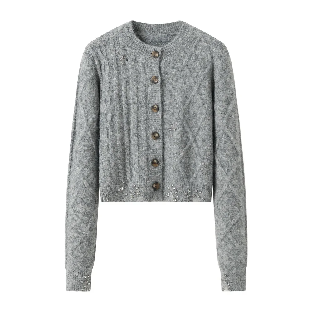 

Pop Autumn New Women's Fashion Casual Versatile Round Neck Long Sleeve Diamond Button Knitted Cardigan