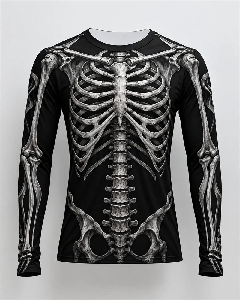 Men Halloween Skeleton Bones Printed T-Shirt Long Sleeve Crew Neck Graphic Tops 3D Rib Cage Costume Casual Festival T-Shirts