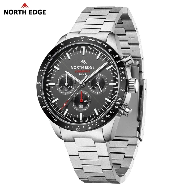 NORTH EDGE LONGWINGS 2025 Men's Solar-Powered Pilot Watch 50M Waterproof Full 316L Stainless Steel Luminous Stopwatch Quartz