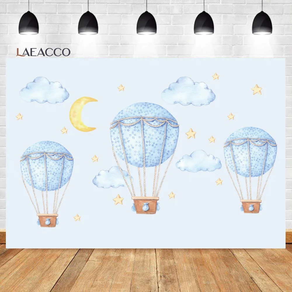 Laeacco Birthday Backdrop Blue Sky White Clouds Hot Air Balloons Stars Kids Newborn Photocall Baby Shower Photography Background