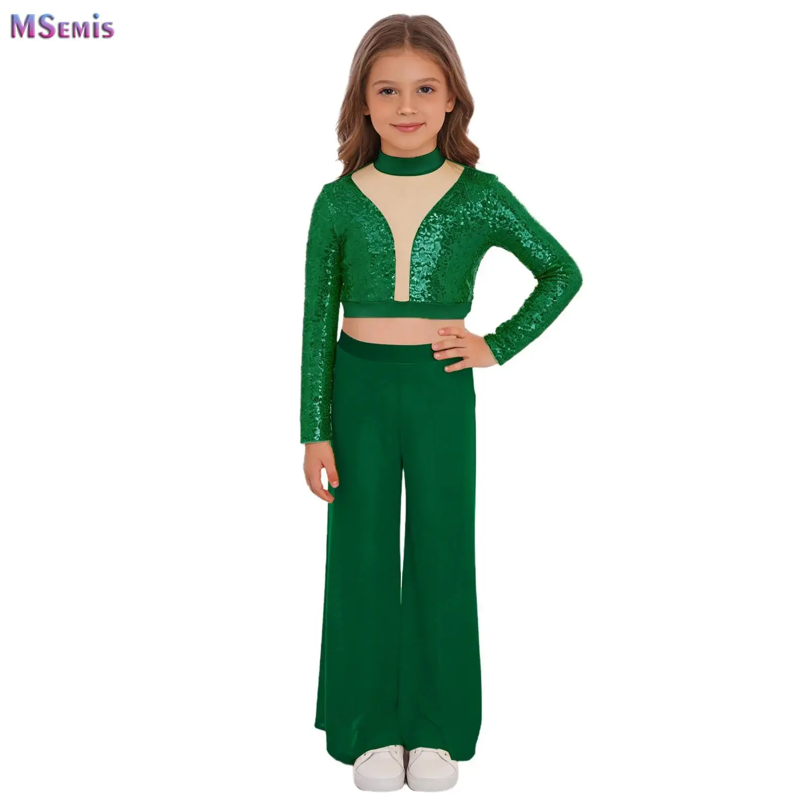 

Kids Girls Dance Suit Ballet Lyrical Jazz Hip Hop Performance Costume Sequins Crop Top with Overlay Wide-Leg Side Slit Pants