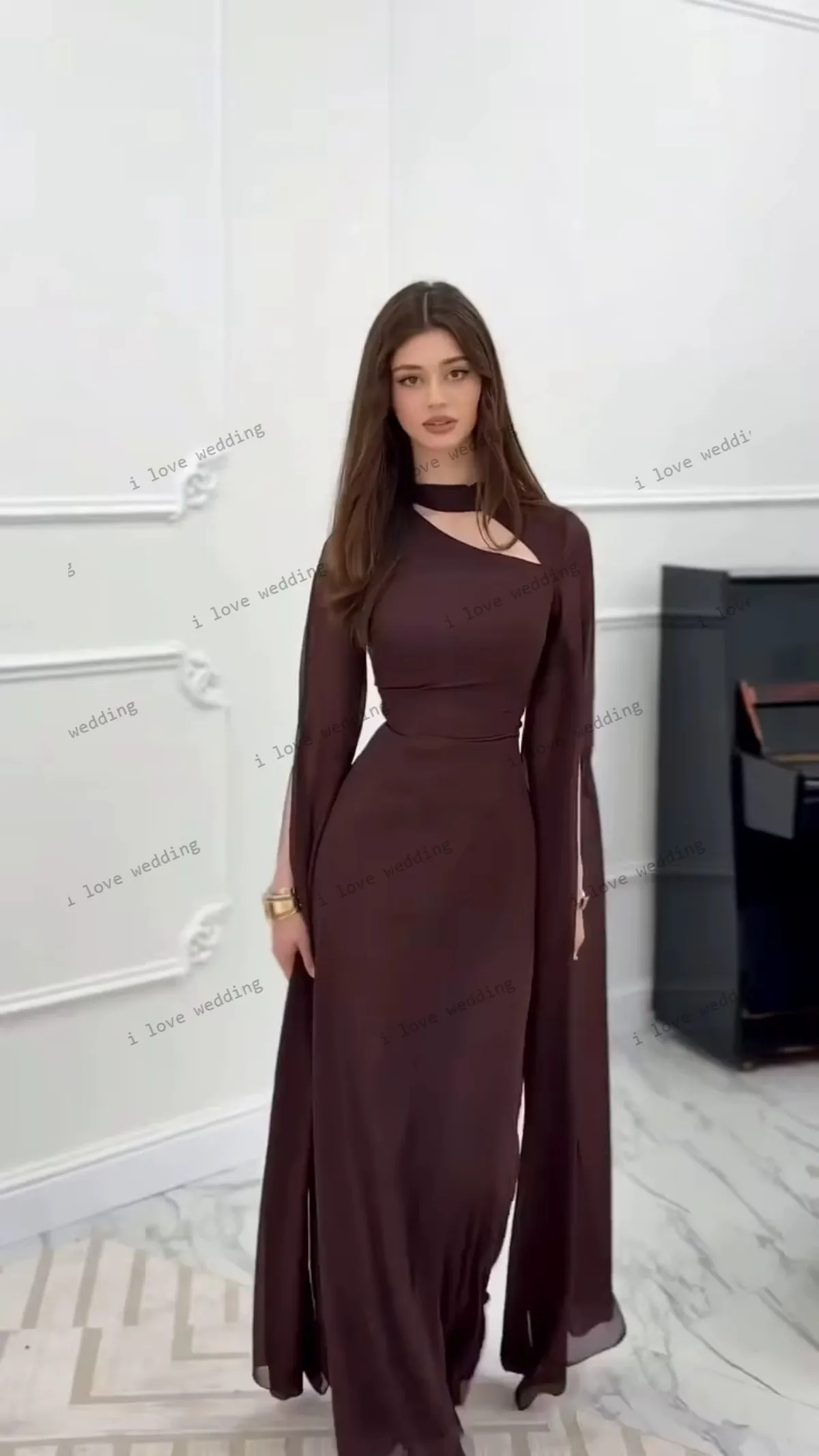 

Brown High Neck Long Prom Dresses 2025 Long Sleeve Elegant Evening Dress A-Line Women Party Dress Floor Length Gala Customized