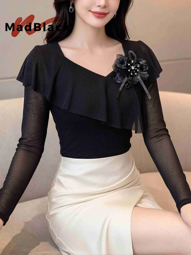 MadBlack-Women European T-Shirt, Sexy V Neck Ruffles 3D Floral, Hotsweet Long Sleeve Slim S-3XL Tee, 2026 Autumn New T69405CC
