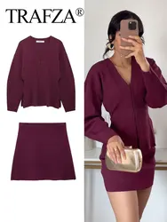 TRAFZA Female Autumn Elegant Sets Solid 6-color V-Neck Long Sleeve Covered Button Cardigan+Women's High Waist Mini Skirts Mujer