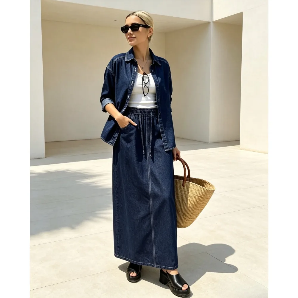 Ladies casual wash jeans lapel loose coat shirt, retro dark blue denim drawstring elastic waist denim overskirt two-piece suit.