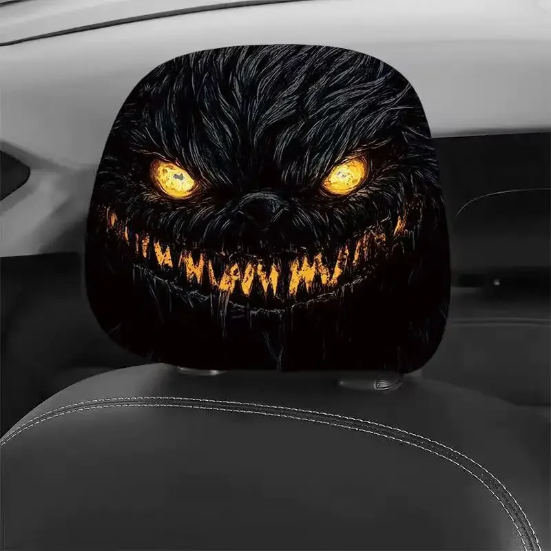 2Pcs Halloween Horror Pumpkin Car Headrest Covers Double Sided Print Universal Auto Neck Pillow Cover Stylish Car Interior Decor