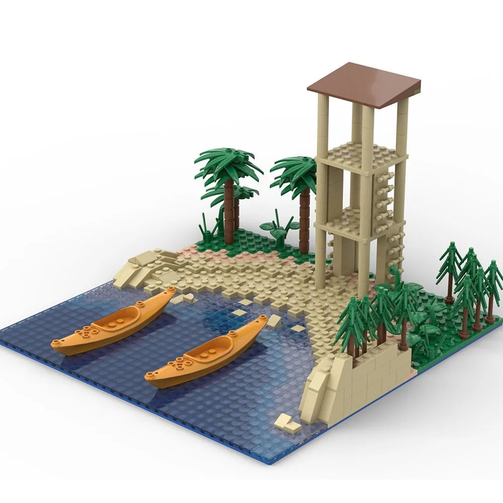 979Pcs Building Blocks MOC Tropical Island Beach Coastline Observation Tower Palm Trees DIY Construction Scenery Model Toy