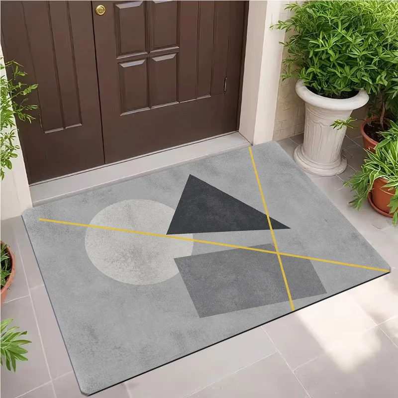 Minimalist modern 2D printed carpet with grey concrete texture yellow intersecting lines and geometric shapes for sleek interior