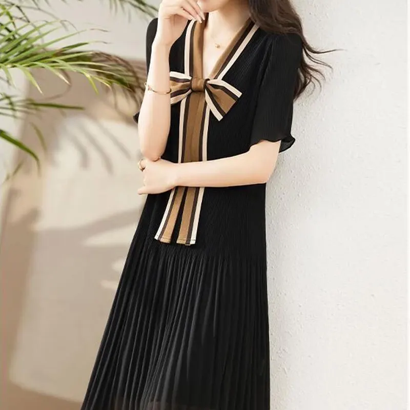 Fashion V-Neck Bow Midi Dress Patchwork Summer Korean Elegant Waist Short Sleeve Female Clothing A-Line Basic Pleated Dresses