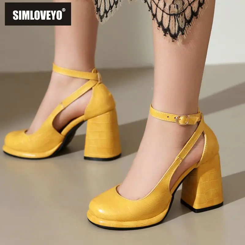 SIMLOVEYO Fashion Women Pumps 32 33 Round Toe Block Heels 9cm Platform Ankle Buckle Strap Big Size 42 43 Sexy Dating Shoes