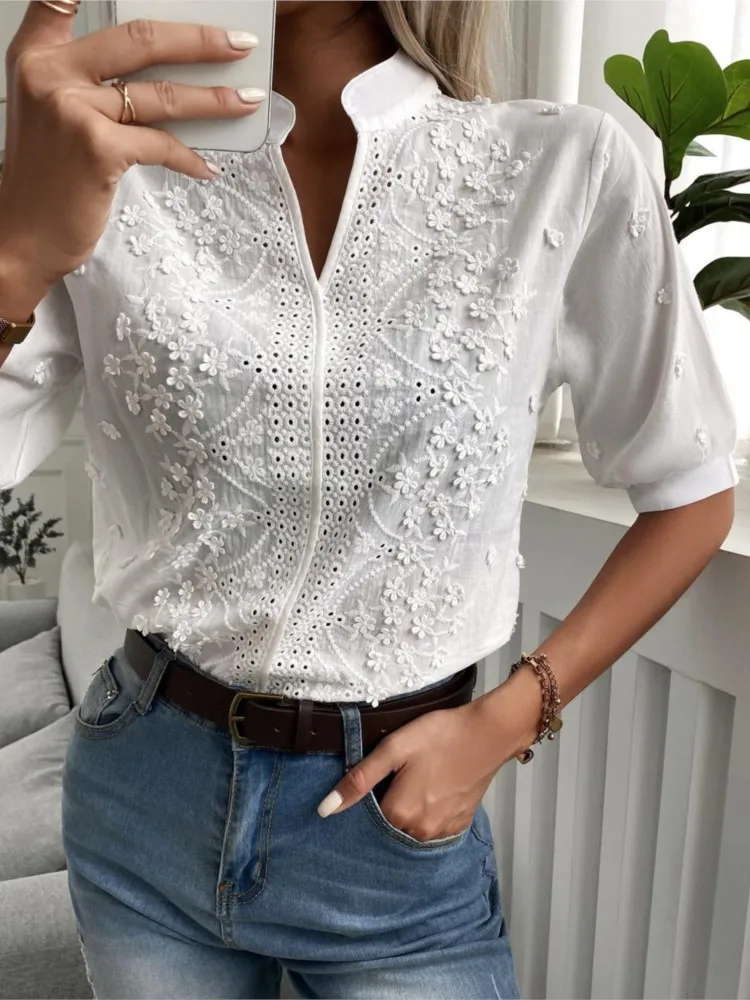 Summer Women\'s White Top Blouse New Fashion Elegnat V Neck Short Sleeve Casual Office Party Tops Shirts Female Lace Shirt