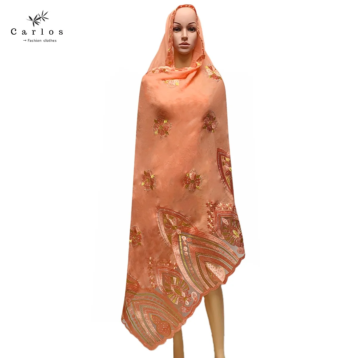 

2022 New Style Hot Sale Muslim African Women Dubai Scarf Big Size Embroidery Cotton Splicing with Net Women Hijab Scarf