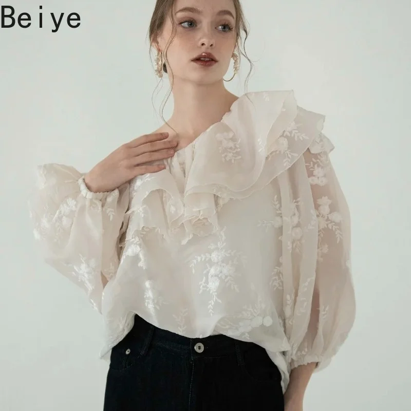 Japanese Sweet Fairy Shirts for Women Heavy Industry Embroidery Ruffle Blouses Female Off Shoulder Long Sleeved Chiffon Tops