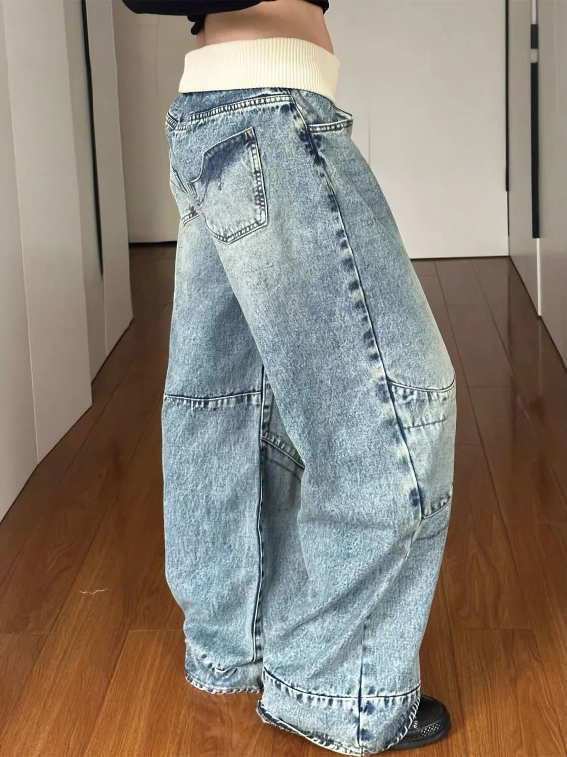 American Vibe Large Size Retro Cuffed Straight Leg Denim Jeans Women's Sexy Loose Hanging Washed Floor-Length Pants