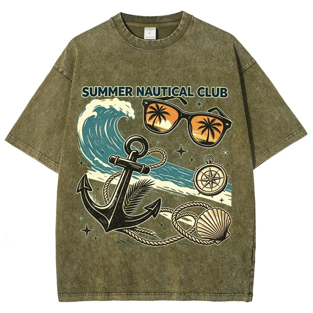 Men Summer Nautical Club Graphic T Shirt Vintage Ocean Wave Anchor Sunglasses Compass Seashell Print Casual Streetwear Top ﻿