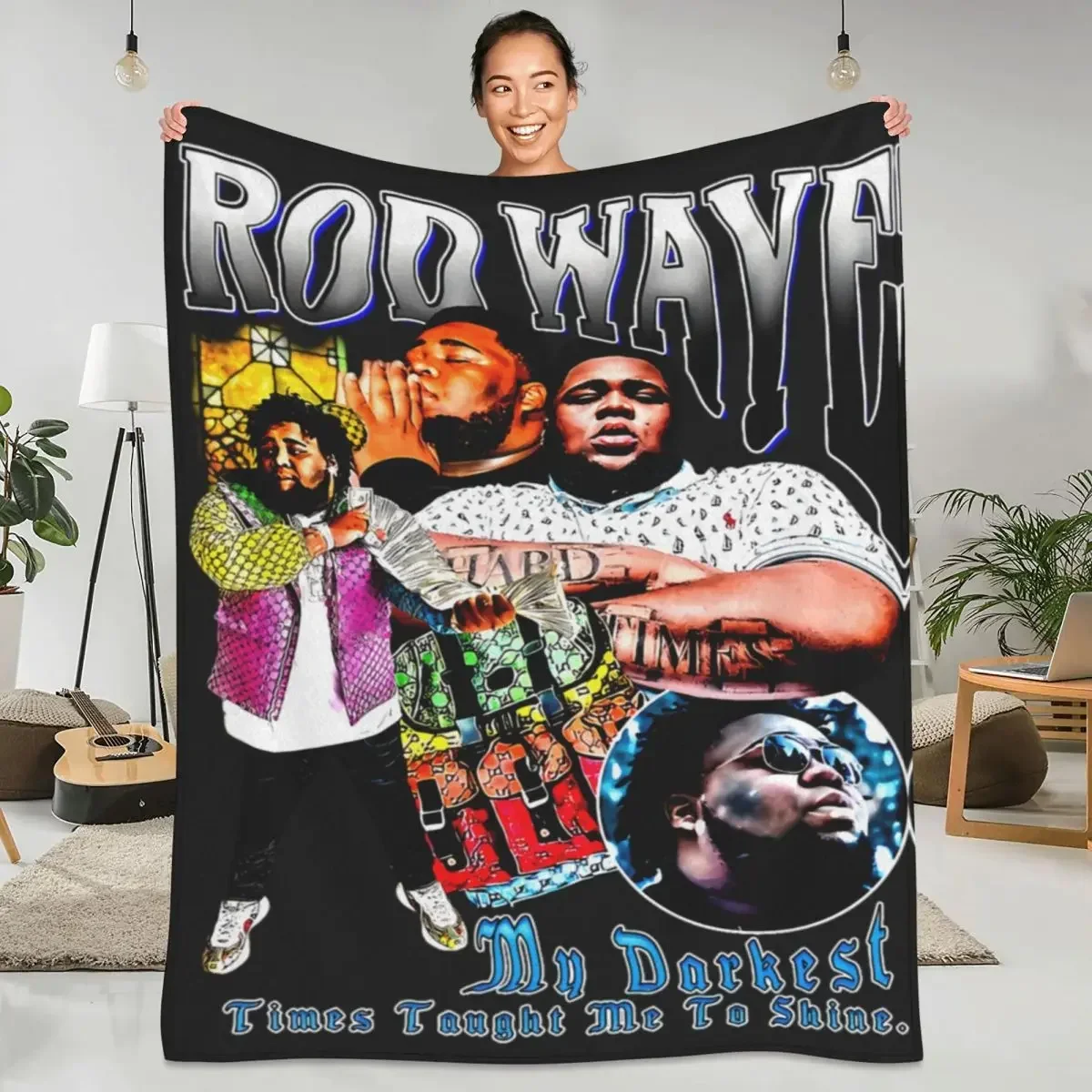 Soft Warm Throw Blanket for Camping with Rod Wave Pattern  Flannel Bedspread for Couch Chair Sofa Bed Cover