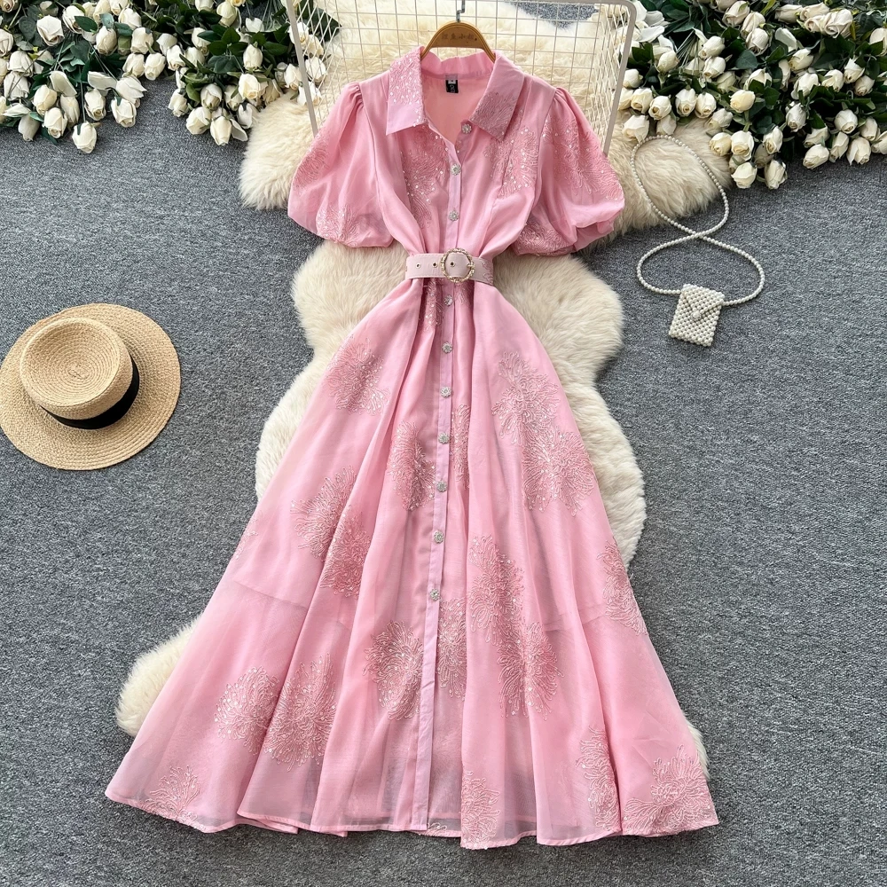 Women Sequin Embroidery Flower Shirt Maxi Dress Summer Elegant Puff Sleeve Buttons Up Belt Holiday Party Vestidos Formal Robe