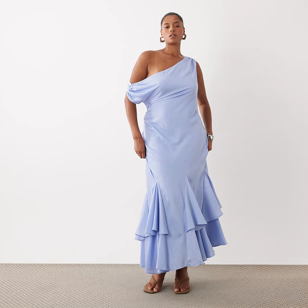 Vestidos de Noche Personalizados con Hombros Caídos y Dobladillo Godet en Azul, Vestido Maxi Modesto hasta el Suelo, Vestidos de Novia Formales