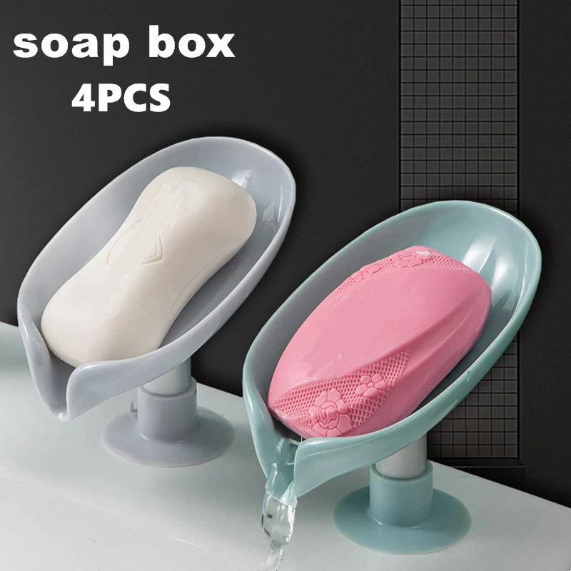 Leaf Design Drain Soap Box With Suction Cup Decorative Plastic Self Draining Bathroom Soap Tray Bathroom Organizers Storage