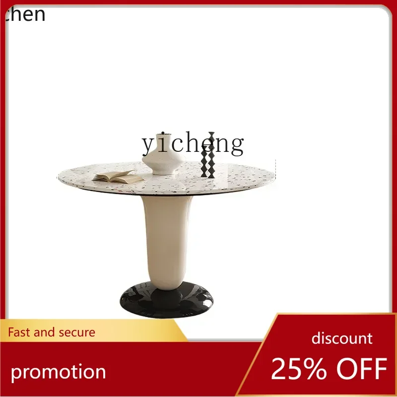 

ZML French cream style dining table retro style terrazzo round table small apartment dining table and chair combination