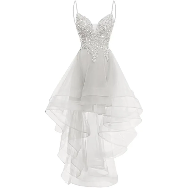 Lace Applique Homecoming Dresses for Teens High Low Spaghetti Straps Tulle Short Prom Dress Glitter Quinceanera Dress