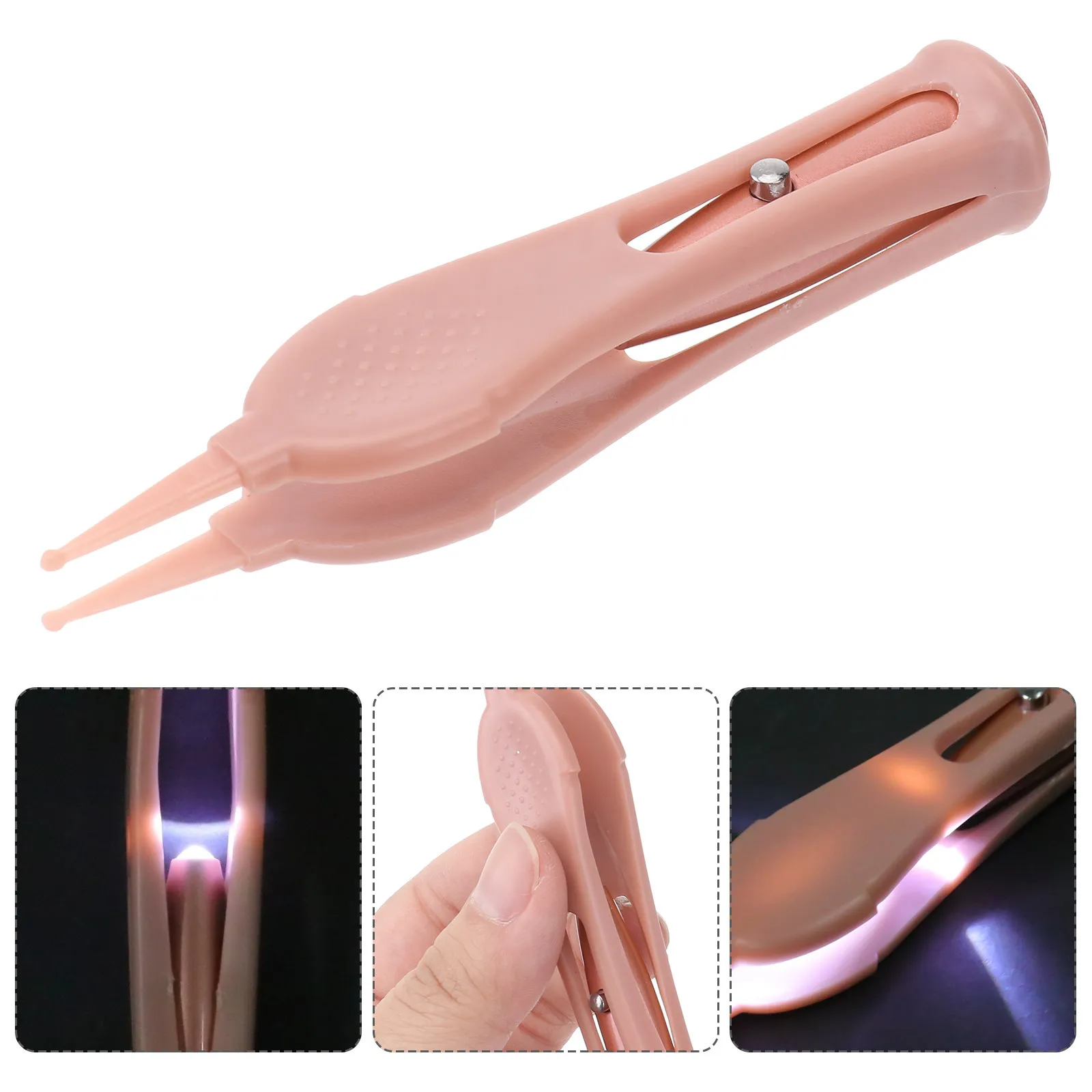 

Baby Cleaning Clip Nose Tweezer with LED Light Anti Skid Handle Stainless Steel Silicone Safe Rounded Tip Pink Color