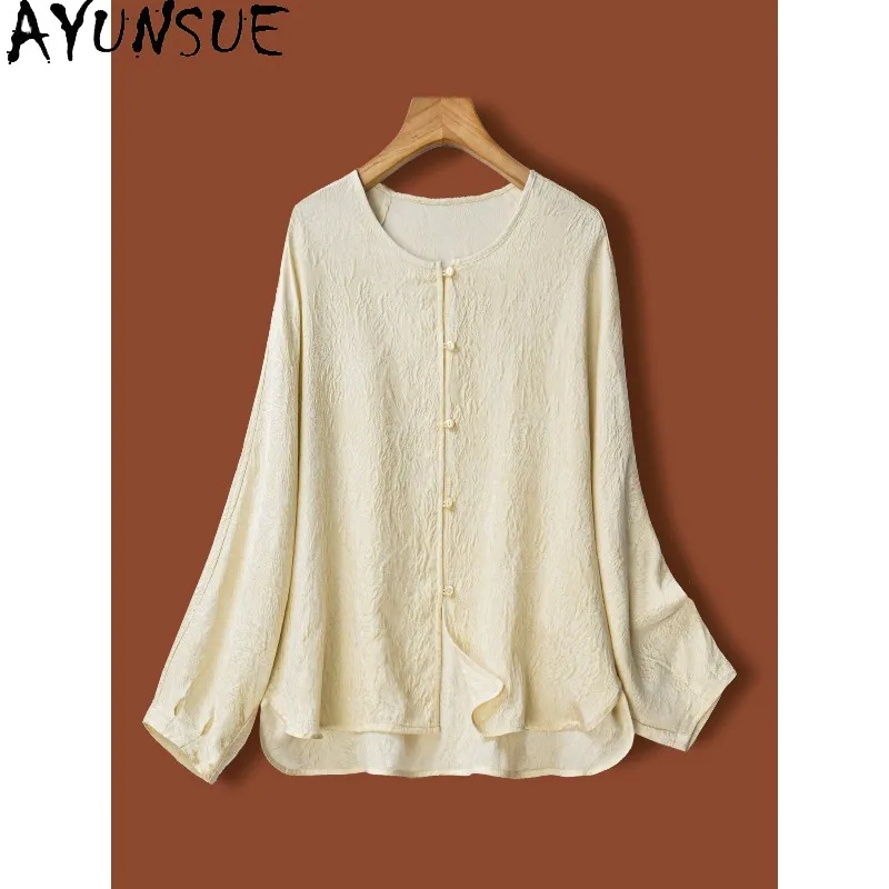 

AYUNSUE 100% Silk Women's Blouses and Shirts Chinese Style Long Sleeve Tops for Woman Elegant O-neck Top Woman Clothes Одежда
