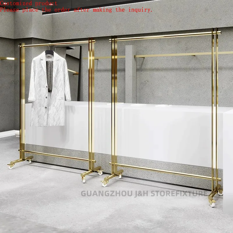 Landing Cloth Store Display Shelf Rolling Caster Single Hang Rail Rack Mobile Retail Merchandiser Display Rack