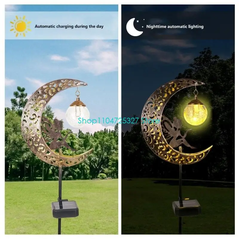 D8KF Solar Walkway Stake Lamp with Moon Frame Detail, Warm White LED, Crackle Glass Globe and Metal Yard Accent for Patio Use,