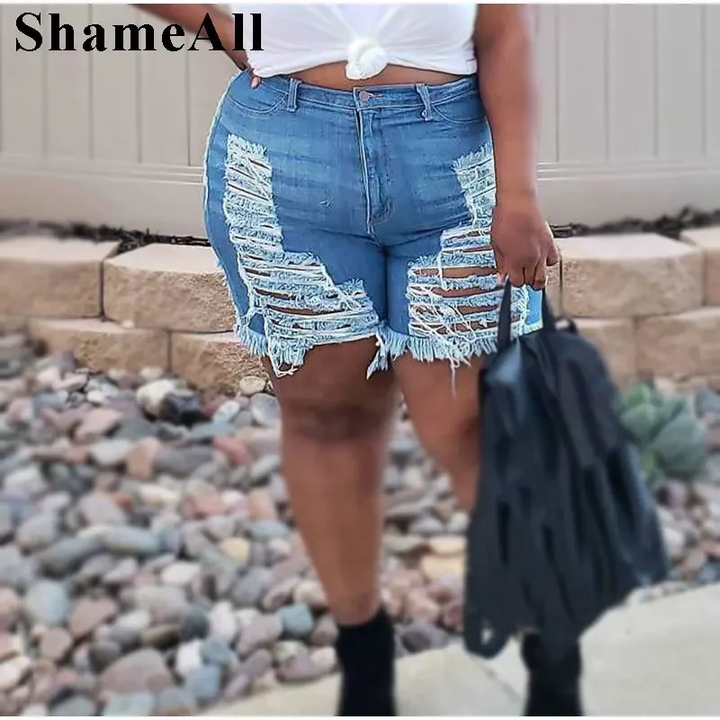 Plus Size Broken Worn Edges Sexy Ripped Hole Tassel Denim Shorts 4XL Women Casual Skinny High Waist Push Up Cut Out Short Jeans