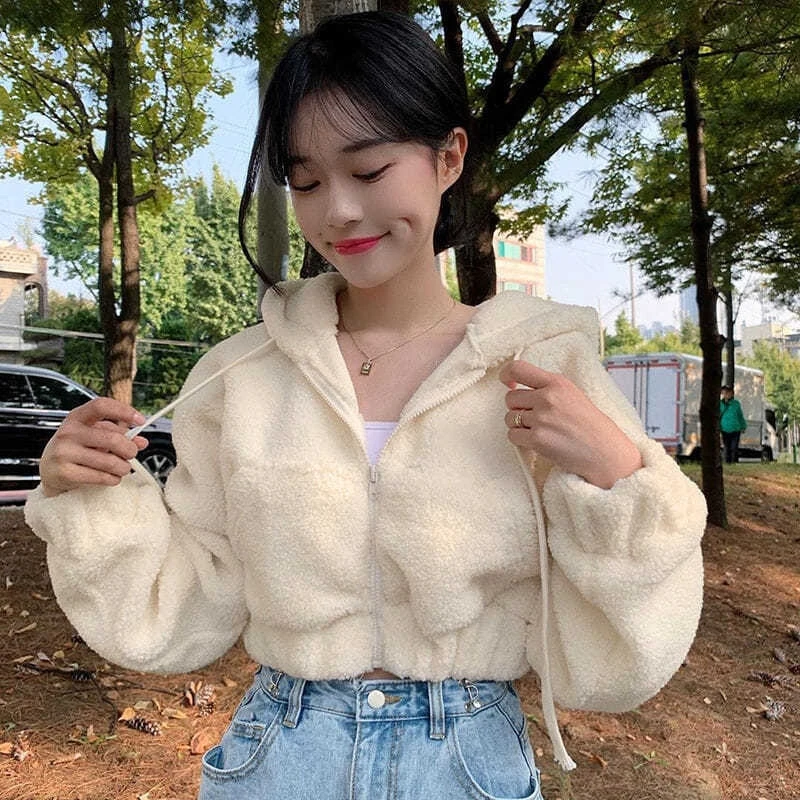 Women Sweet Plush Zipper Hooded Coat Autumn Winter 2023 New Casual Age Reduction Appear Thin Pocket Design Solid Short Coats