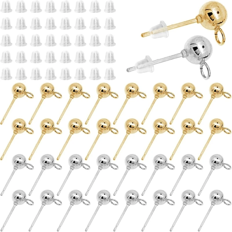 120pcs/lot Stainless Steel 5mm Round Ball Earrings Post with Stoppers Loop Fit Women DIY Earring Jewelry Making Craft