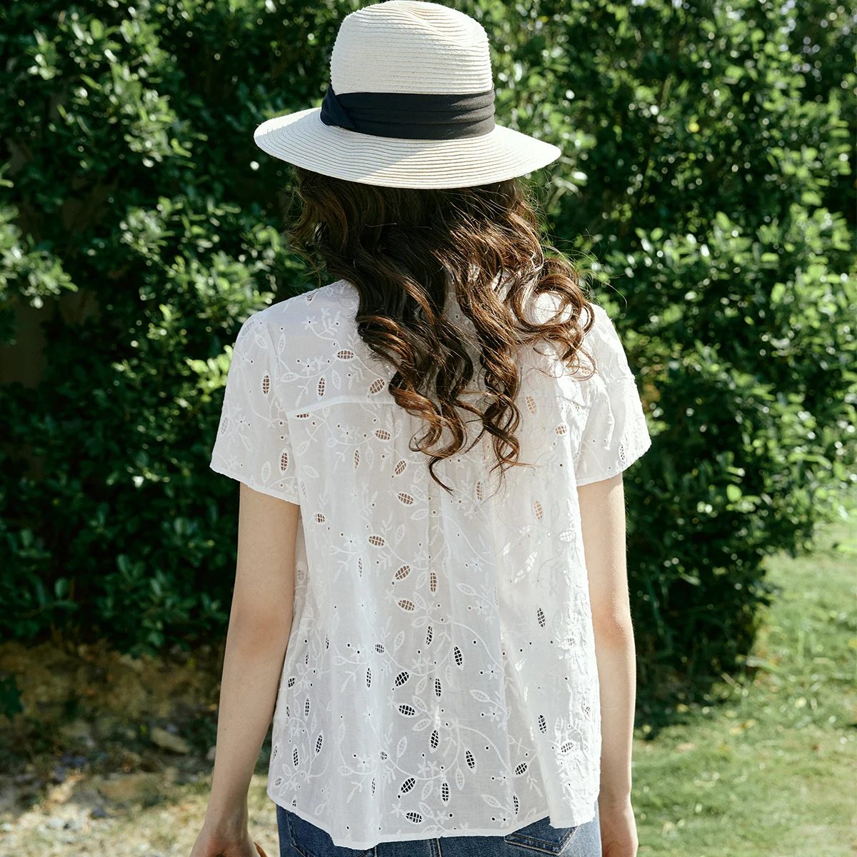 OLrain  Women Romantic French Blouse Summer 2026 New V-neck Cutwork Embroidered Lace-up Short Sleeve Loose Top O58XC005103