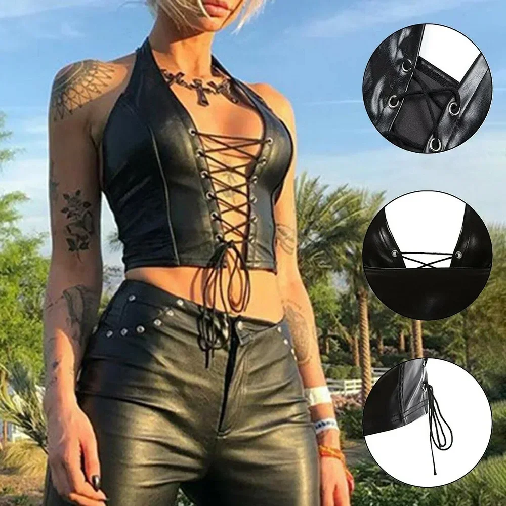 Sexy Women‘s Tanks Vests Solid Black PU Leather Y2k Gothic Lace Up Deep V Neck Party Clubwear Wet Look Corset Bra Vest T Shirt