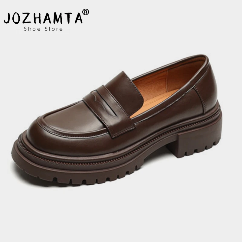 JOZHAMTA Size 34-40 Women Fashion Platform Pumps Shoes Real Leather Chunky Mid Heels Loafers 2025 Ins Office Lady Dress Shoes