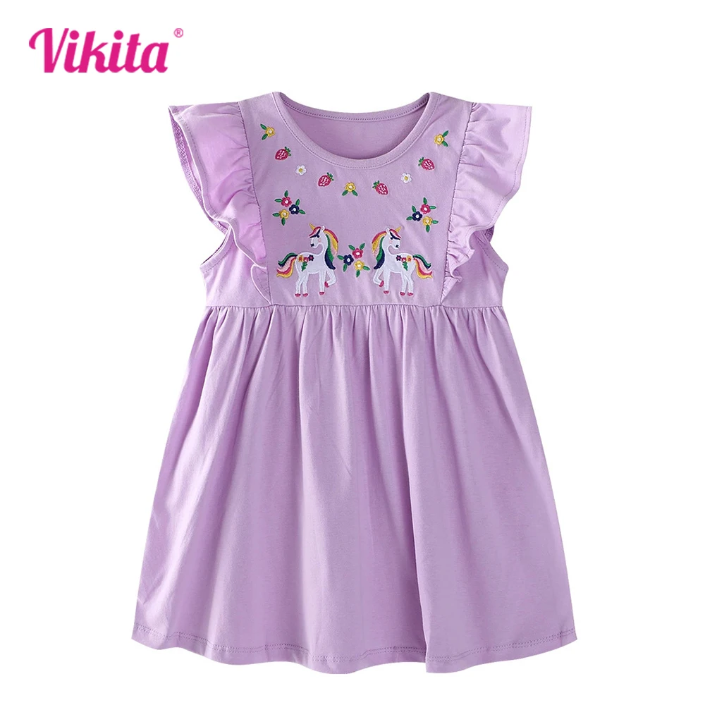 VIKITA New Summer Children Casual Summer Clothes Kids Purple Licorne Flower Embroidery Flare Sleeve Cotton Frocks Toddlers Dress