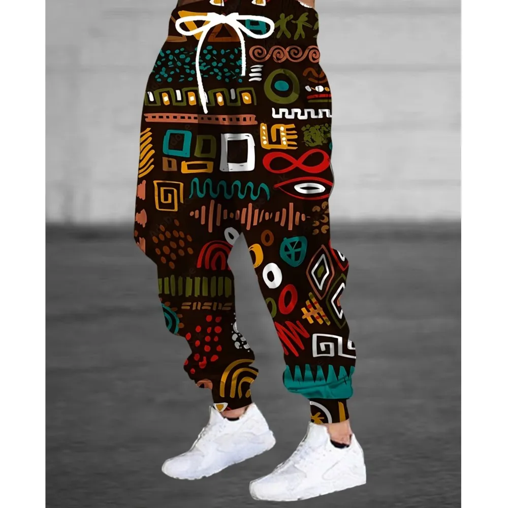 3D Abstract Tribal Pattern Street Pants Men's Side Pockets Elastic Drawstring Sweatpants Joggers Pants For Men Casual Trousers