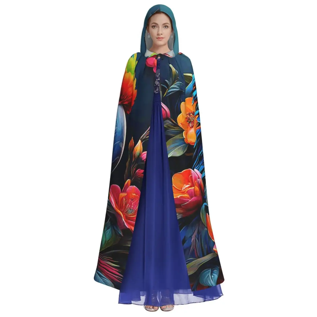 Black Retro Tropical Parrot Long Hooded Cloak Witch Medieval Costume Cosplay Cape HalloweenVampire Adult Unisex view 3