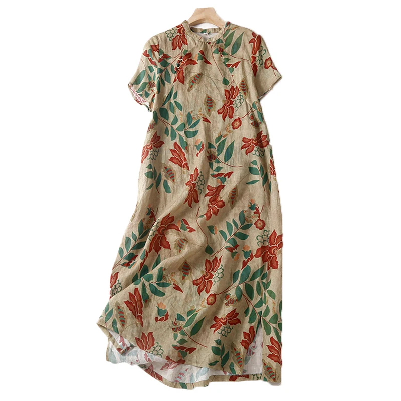 2022 Summer New Arts Style Women Short Sleeve Stand Collar Long Dress Vintage Print Casual Cotton Linen A-line Dresses C230