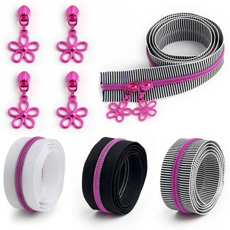 1 yard 5# nylon zipper with 5 flower metal pull tabs wallet clothing zipper puller DIY repair tailor kit