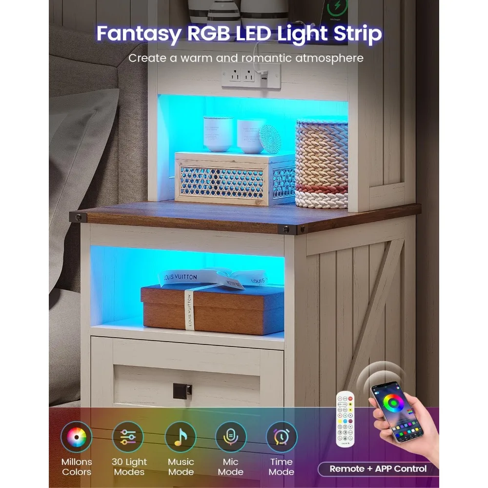 โต๊ะข้างเตียงพร้อมที่ชาร์จ 2 ลิ้นชัก ชั้นวางหนังสือ LED สีขาว โต๊ะข้างเตียง 6 ฟังก์ชั่น