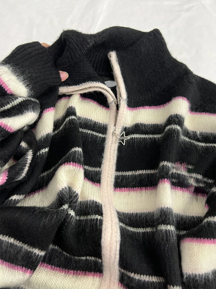 Women Black Gothic Striped Cardigan Knit Two-tone Sweater 90s Harajuku Korean Vintage Long Sleeve Jumper Sweaters 2000s Clothes