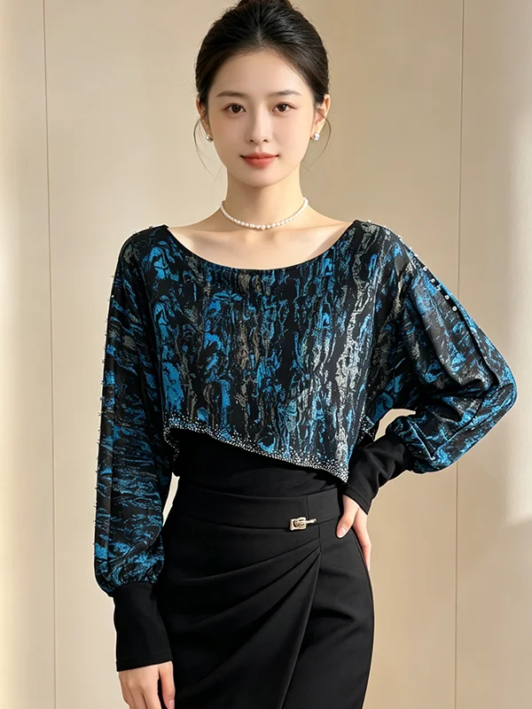 Fall 2026 Women's Long Sleeve Mesh Top Slim Fit Glue Diamond T-Shirt Casual Versatile round Neckline Loose Style Fashionable