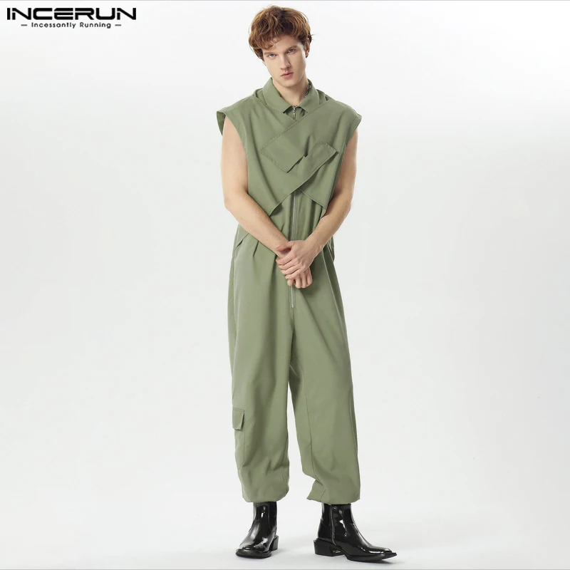 2024 Men Jumpsuits Solid Color Lapel Sleeveless Zipper Streetwear Fashion Casual Male Rompers Loose Cargo Overalls S-5XL INCERUN