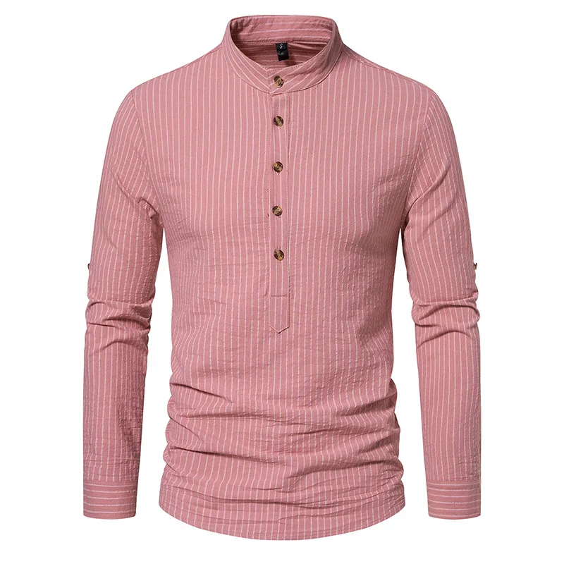 

Mens Striped Henley Neck Shirts Autumn New Long Sleeve Slim Fit Band Collar Cotton Shirts Party Wedding Casual Button Down Tops