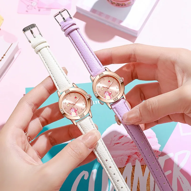 Детские часы Disney, детские кожаные ремешки с бриллиантами Kawaii Lotso Huggin, часы с медведем для девочек, кварцевые часы высокого качества, подарки