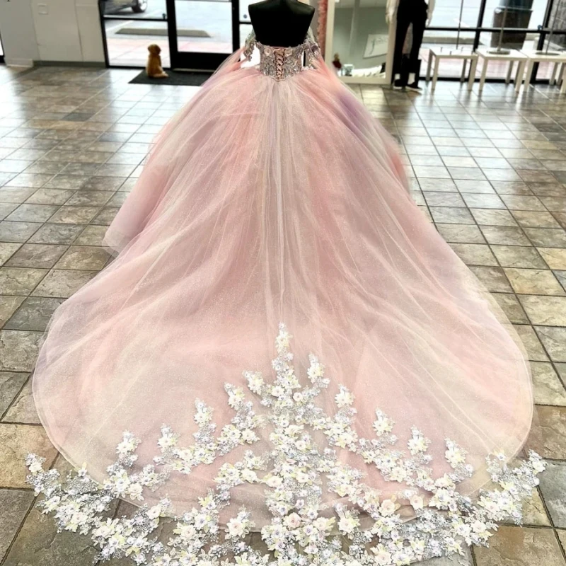 Real Pictire-vestido De baile rosa para mujer, ropa De baile, hombros descubiertos, apliques De perlas, falda hinchada grande, 15 Quinceañera 16